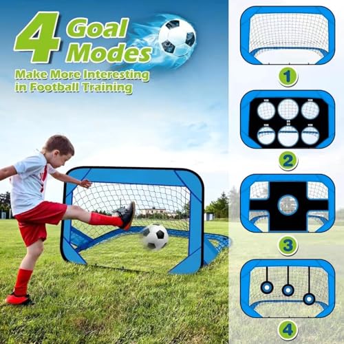 PINGWGO Portable Football Goal Net, 4-in-1 Football Training Set with Carry Bag, Foldable Mini Soccer Goal Net for Kids, Blue and Black, Multi-Mode Goal Post, Easy Assembly