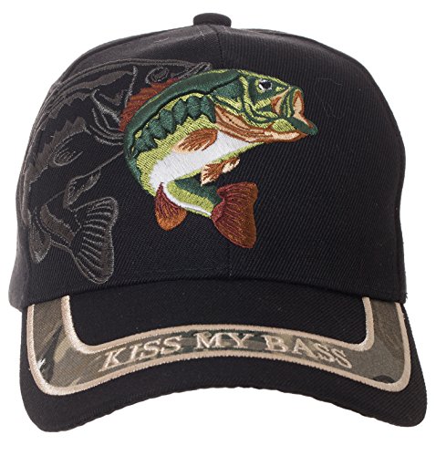 "Kiss My Bass" Hat - Funny Fishing Fisherman Gift -100% Cotton Embroidered Cap (Black)