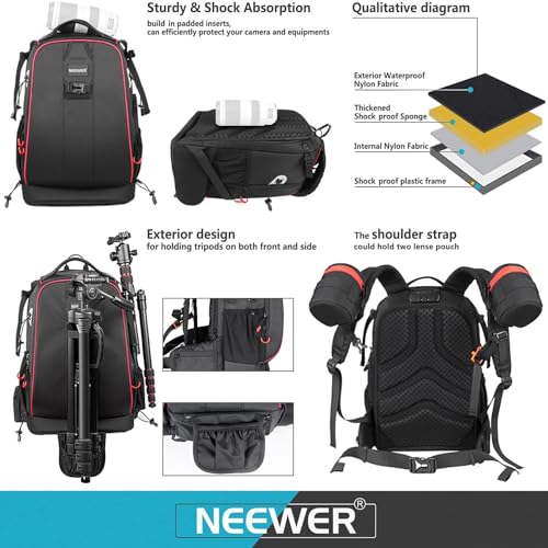 Neewer Pro Camera Case Waterproof Shockproof Adjustable Padded Camera Backpack Bag with Anti Theft Lock for DSLR, Compatible with DJI Phantom 1 2 3 Drone Tripods Flash Lens Accessories