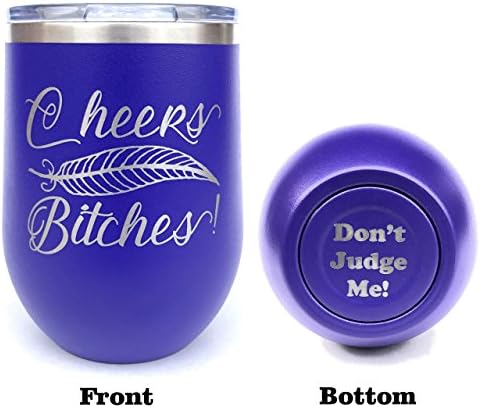 Insulated Wine Tumbler, Stemless Wine Tumbler, Laser Engraved, Funny, Cheers Bitches, Insulated, With Lid, Stainless Steel (Purple)