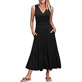 Newshows Women's 2025 Summer Dress Vacation V Neck Sleeveless Midi Dress Tiered Tank Swing Sundress with Pockets