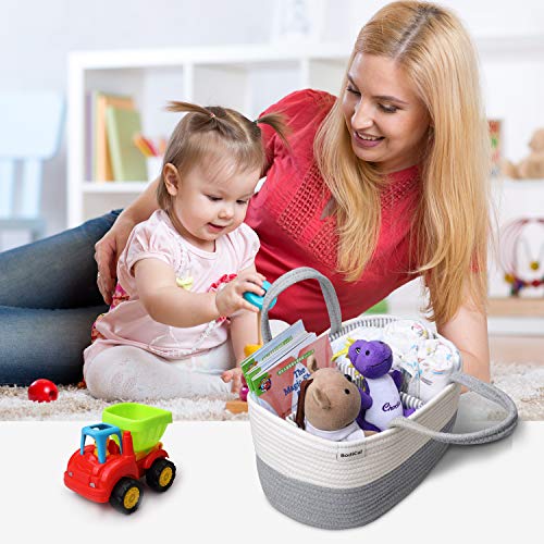 Baby Diaper Caddy Organizer Nursery Storage Bin with Removable Divider, Cotton Rope Infant Diaper Basket Car Organizer for Diapers Wipes Toys Baby Shower Caddy Gifts - Thumbnail 3