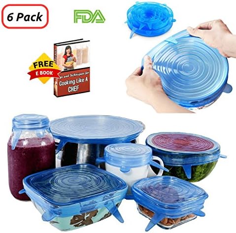 KESWON - Silicone Stretch Lids, Reusable and Durable Covers For Bowls, Dishes, Jars, Pots, Microwave - Heat Resistant - Safe Food Covers and Easy To Clean - FDA - 6-Pack of Various Sizes All Blue