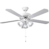 TWLITE Indoor Ceiling Fan with Pull-Chain and LED Light Bulbs Base, Traditional 3-Speeds Reversible Blades Ceiling Fan (White