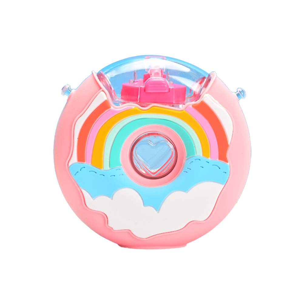 NANUNU 380ml children's cartoon rainbow donut water bottle, creative silicone portable water bottle with straw, cute water bottle