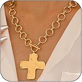 SAVNOJW Chunky Gold Big Hammered Cross Necklace for Women Trendy, Thick Large Silver Cross Layered Heart OT Toggle Pendant Necklace Vintage Faith Chain Jewelry
