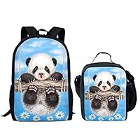 Salabomia Panda Daisy Pattern Girls School Backpack Set Kids Thermal Lunch Tote Bags Blue