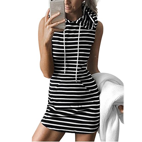 Women Hooded Sleeveless Sports Mini Dress, Casual Slim Striped/Solid Dance Dress (S, Black White)