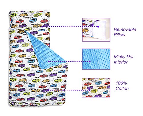 Kids Nap Mat with Removable Pillow - Soft, Lightweight Mats, Easy Clean Toddler Nap Pad for Preschool, Daycare, Kindergarten - Children Sleeping Bag (White with Cars Design) by Bambino Bliss - Thumbnail 3
