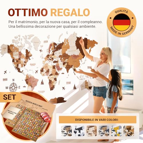 WOW WOOD® Wooden World Map 3D in Italian – High Quality Wall Decorations | Wall Mount Without Tools | Gift Idea for Any Occasion (113.00 x 213.00 CMS, Wood Colour)