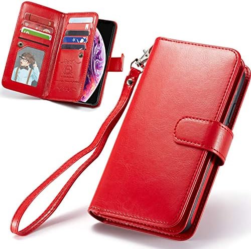 XRPow iPhone XR Case, [2 in 1] iPhone XR Magnetic Detachable Wallet Case [PU Leather] Folio Flip [9 Card Slot] [Wrist Strap] Durable Protection Back Cover for iPhone XR 6.1Inch (Red)