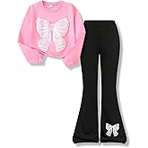 Vitalique Girls Clothes Fall Long Sleeve Lace Bow Print Sweatshirt Flared Pants 2PCS Set Little Girl Outfits Size 6-14