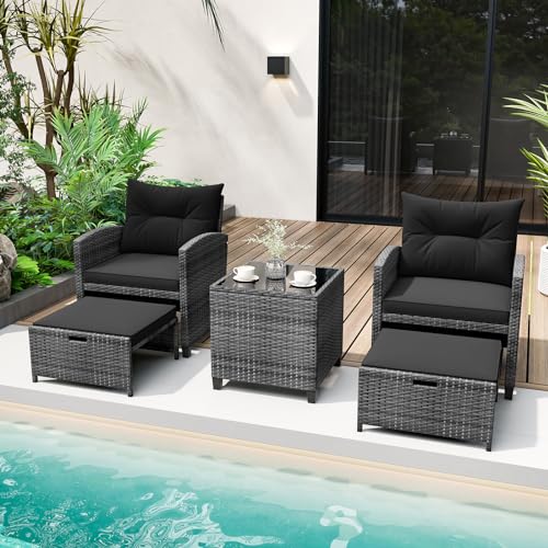 Tangkula 5 Piece Patio Rattan Furniture, Wicker Cushioned Chairs Set with 2 Ottomans & Tempered Glass Coffee Table, for Poolside, Backyard, Lawn, Deck