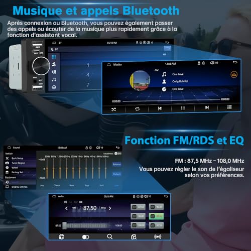 Junsun 6.36 Inch 1 Din Touch Screen Car Stereo Compatible CarPlay & Android Auto Bluetooth GPS FM Type-C Charge 2 USB Microphone Equalizer Steering Wheel Control