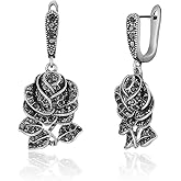 Rhodium Plated Chunky Vintage Black Rose Flower Drop Dangle Earrings for Women