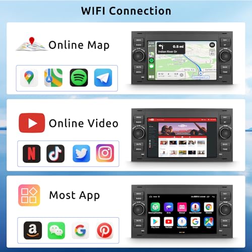 VECHTEL 2G+64G Car Radio for Ford Focus Fiesta C/S-Max Transit Galaxy Mondeo Connect with CarPlay Android Auto Wireless, 7 Inch Touch Screen Car Radio Android 13, GPS WiFi Bluetooth