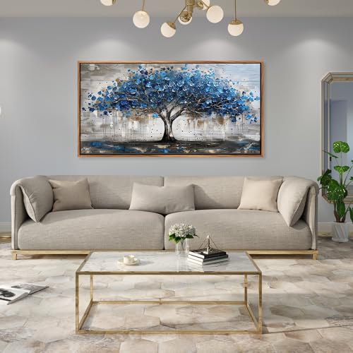 MHARTK66 Modern Living Room Decoration Pictures with Wooden Frame, 50 x 100 cm Large Decorative Sheets Wall Bedrooms, Decorative Canvases Wall Tree of Life Blue, Wall Art Dining Hallway Bathroom