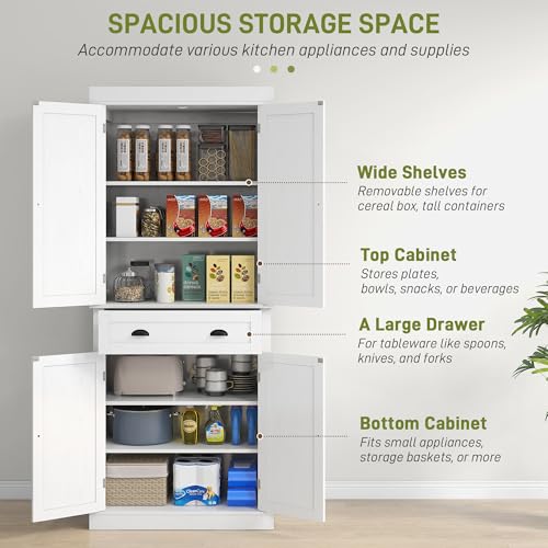 HOMCOM 72" Tall Kitchen Pantry Cabinet, Modern Buffet Storage Cabinet with 4 Recessed Doors, Drawer and Adjustable Shelves, White