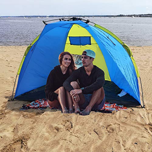 Leberna 3-4 Person Instant Automatic Beach Tent Sun Shelter | One Touch Cabana Push Pop Up Popup | Easy Setup Open Fold Family Umbrella Shader Outdoor Hiking Fishing Camping Picnic UPF 50+ Protection