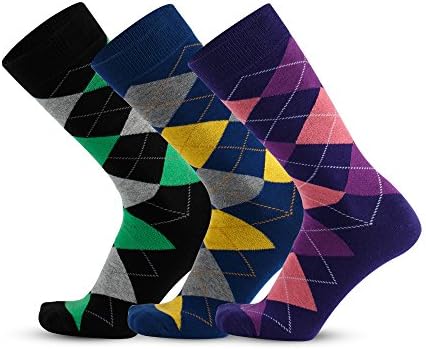 Mens Crew Casual Dress Socks – Cotton Colorful Argyle Stripe Patterned 3 Packs