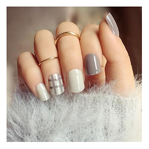 Dongcrystal 24pcs gray and white false nail with gray line acryli…