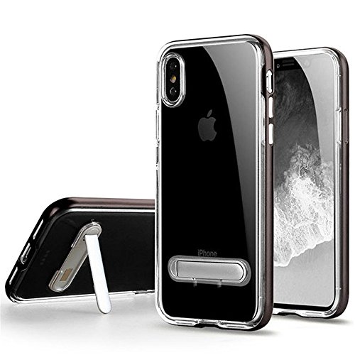 OWIKAR iPhone X Case, Crystal Clear Hard Ultra Slim Fit Anti Scratch Bumper with Magnetic Metal Kickstand Protective Case Cover for Apple iPhone X (Gunmetal)