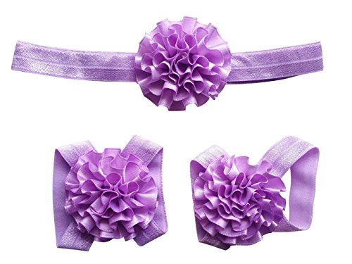 May & Co Baby Girl Boy Satin Flower Barefoot Band Sandals Shoes with Headband Set