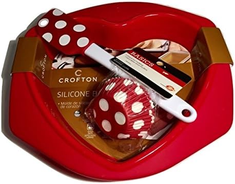 Novelty Red Silicone Cake Pan; Red and White Polka Dotted Spatula and Cupcake Inserts; 3-pc