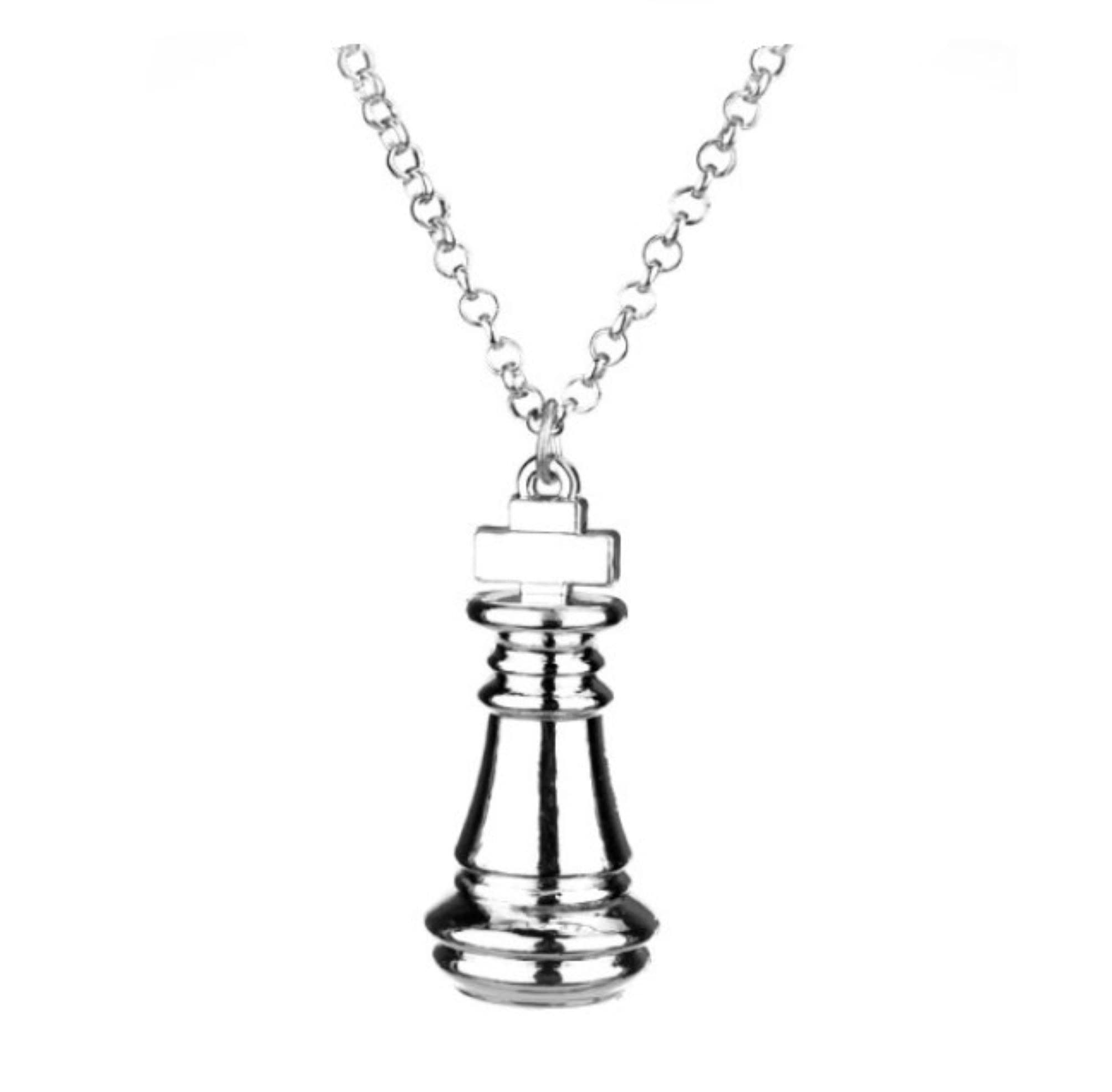 CrownOfRibbons Large Silver Chess Piece Necklace, Pendant for Chess Lovers