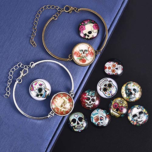 LANBEIDE 50PCS 20mm Mixed Color Mosaic Skull Printed Glass Half Round/Flat Back Dome Cabochons for Jewelry Making Bracelet Pendant Necklace Cufflinks Rings