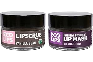 Eco Lips Vanilla Bean Lip Sugar Scrub & Blackberry Intensive Overnight Lip Repair Mask Duo - 100% Organic Lip Care Treatment - Gently Exfoliate, Polish, & Repair Dry, Flaky Lips, 100% Edible