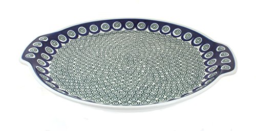 Click Here to See More Images Polish Pottery Peacock Swirl Round Tray with Handles