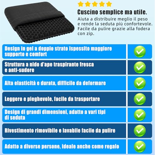 Cuscino per Sedia da Ufficio,Cuscino in Gel,Cuscino Antidecubito,a Nido d’ape-Antiscivolo,Traspirante e con Fodera Rimovibile,Adatto per Sedie da Ufficio,Sedili Auto e Sedie da Casa (nero, 42*39*4)