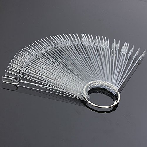 Beauticom 250 Clear Acrylic False Tip Sticks with Metal Ring Holders Fan-Shaped Nail Art Display Chart Practice Tips Tool - 250 Tips