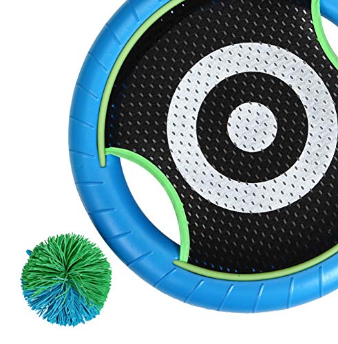 Win SPORTS Deluxe Trampoline Paddle Ball Flying Discs, Super Bounce-Back Family Game Set (4 Paddles & 3 Balls & Storage Bag) (Green) - Thumbnail 3