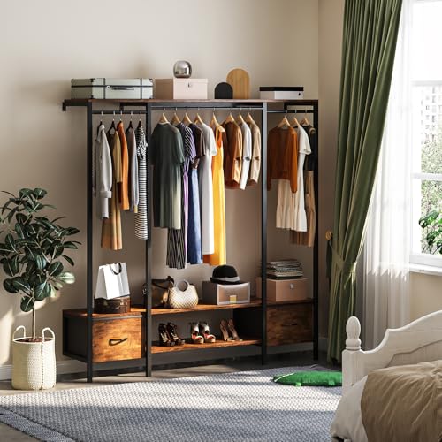 Simple Wisdom Perchero para Ropa, Closet Armables para Ropa, Closet de Madera, Montado en la Pared, Organizador de Ropa con Dos Cajones de Tela, Tamaño: 156 * 32 * 160 CM, Color Retro