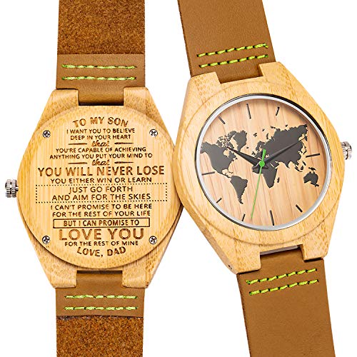 Engraved Watches for Son,Natural Custom Personalized Leather Strap Wooden Watch for Son from Dad(to My Son-You Will Never Lose)