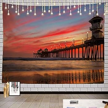 Batmerry Sunset Tapestry, Huntington Beach Pier Picnic Mat Beach Towel Wall Art Decoration for Bedroom Living Room Dorm, 51.2 x 59.1 Inches, Blue Dusk Gold