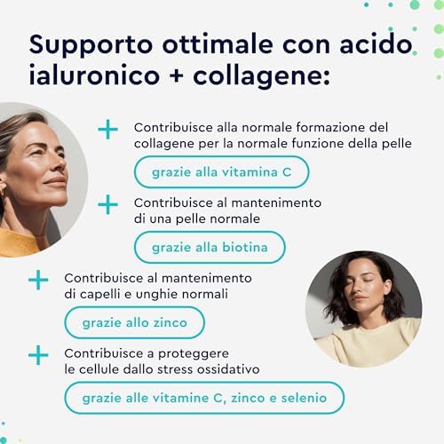 Collagene e Acido Ialuronico Integratore 180 Capsule, + Vitamina C, Biotina, Zinco e Selenio, 1000mg Collagene Idrolizzato + 200mg Acido Ialuronico con Bambù & Silicio