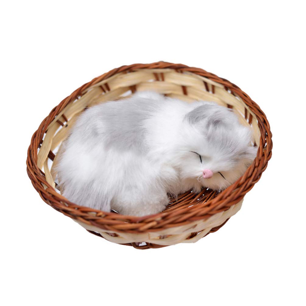 Plush Sleeping Cat in Basket Small Stuffed Kitten Toy Lifelike Animal Figurine Desktop Cat Figurine for Office Home Living Room Decoration (Random Style)
