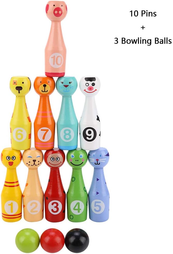 VGEBY Unisex-Kids Wooden Cartoon Animal Bowling Game Set Educational Toys 10 Bowling Bottles and 3 Bowling Balls Outdoor Toy - Image 4