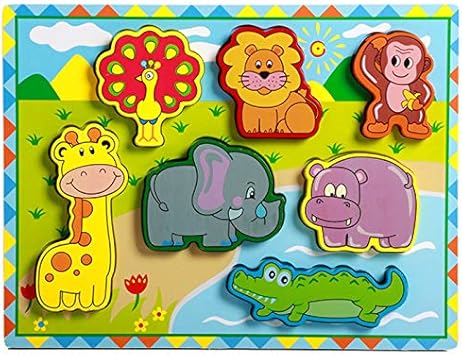 Tiny Souls Wooden 7 Animals, Giraffe, Lion, Monkey, Elephant, Peacock, 3D Puzzle