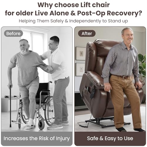Elderly Dual Motor Power Lift 180° Lay Flat Leather Recliner Chair Brown | USB-C Charging Port, Massage & Lumbar Heat, Side Pocket, Remote, Easy Assembly