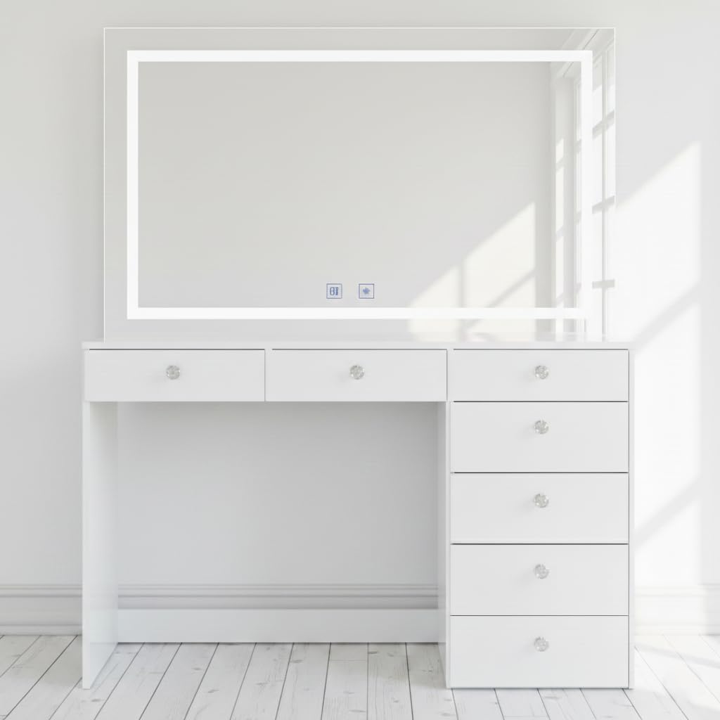 Photo 1 of **NO MIRROR**Boahaus Brielle White Makeup Vanity with LED Mirror, 7 Drawers, Glass Top, Crystal Knobs, Bluetooth Speakers, USB-A & USB-C Ports, 110V Outlet & Hair Dryer Holder