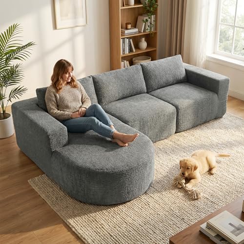 HOMCOM 106" Modular Sectional Sofa with Chaise and Deep Seat, 3-Seater L Shaped Cloud Couch, Upholstered Boneless Couch for Living Room, Bedroom, No Assembly Required, Dark Grey | Curved Foam Chaise