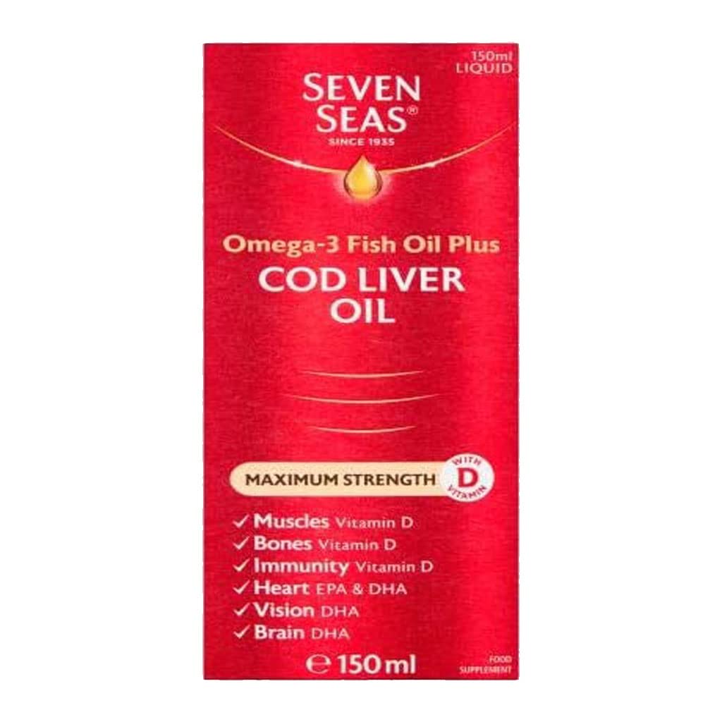 Seven Seas Omega 3 Fish Oil Plus Cod Liver Oil, Maximum Strength Liquid, 150 ml, Omega-3, EPA & DHA + Cod Liver Oil Tablets, Omega-3 Fish Oil, Can Be Taken On Its Own Or Mixed