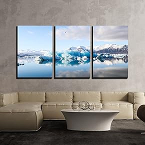 3 Piece Canvas Wall Art - Glacier and Calm Water Surface - Modern Home Art Stretched and Framed Ready to Hang - 16"x24"x3 Panels