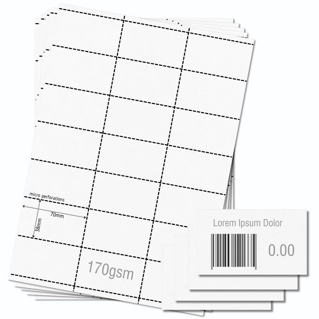 OfficeGear Shelf Edge Barcode Price Ticket Labels 21-up [25 Sheets - 525 Pack] Premium 170gsm 38x70mm Custom Printable A4 Card Micro-Perforated Non-Adhesive Merchandise Tag Includes Design Template