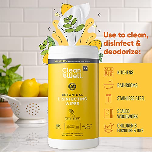 CleanWell Botanical Disinfecting Wipes, Lemon, 80 count (1 PK)Kills 99