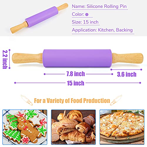 Koogel 15 Inch Silicone Rolling Pin, Purple Rolling Pin Handle Rolling Pin Non-Stick Silicone Rolling for Home Kitchen Cake